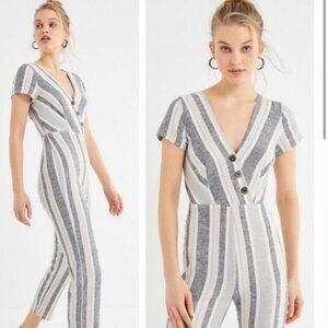 Urban Outfitters | Linen Blend Surplice Jumpsuit | Striped Button‎ Front